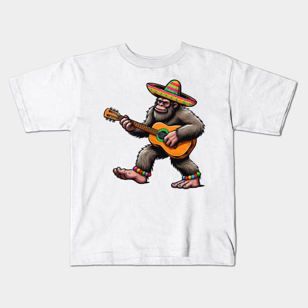 Funny Cinco De Mayo Bigfoot Playing Guitar Kids T-Shirt by Illustradise